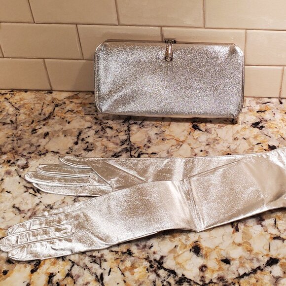 Womens Evening Bag Clutch Purse Silver Metallic + NWT Extra Long Silver Gloves - Picture 1 of 12